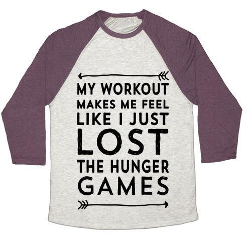 Virgin Teez  Baseball Tee Unisex Tri-Blend Baseball Tee / small / Oatmeal / Maroon MY WORKOUT MAKES ME FEEL LIKE I JUST LOST THE HUNGER GAMES UNISEX TRI-BLEND BASEBALL TEE