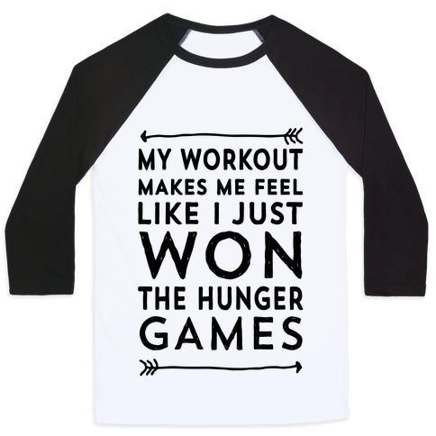 Virgin Teez  Baseball Tee Unisex Classic Baseball Tee / x-small / White/Black MY WORKOUT MAKES ME FEEL LIKE I JUST WON THE HUNGER GAMES UNISEX CLASSIC BASEBALL TEE