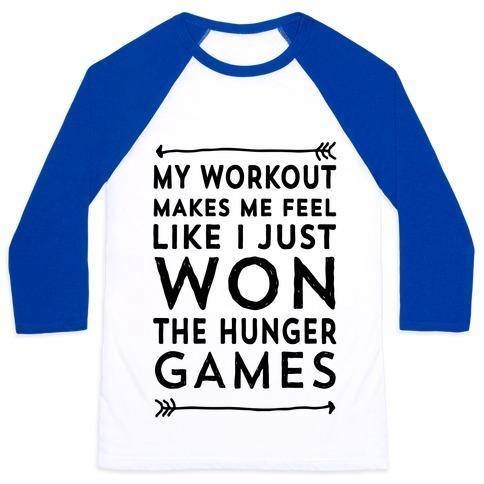 Virgin Teez  Baseball Tee Unisex Classic Baseball Tee / x-small / White/Blue MY WORKOUT MAKES ME FEEL LIKE I JUST WON THE HUNGER GAMES UNISEX CLASSIC BASEBALL TEE