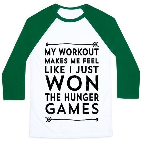 Virgin Teez  Baseball Tee Unisex Classic Baseball Tee / x-small / White/Dark Green MY WORKOUT MAKES ME FEEL LIKE I JUST WON THE HUNGER GAMES UNISEX CLASSIC BASEBALL TEE