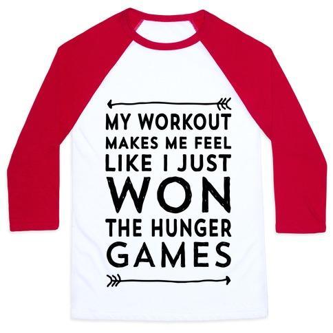 Virgin Teez  Baseball Tee Unisex Classic Baseball Tee / x-small / White/Red MY WORKOUT MAKES ME FEEL LIKE I JUST WON THE HUNGER GAMES UNISEX CLASSIC BASEBALL TEE