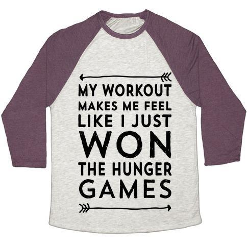 Virgin Teez  Baseball Tee Unisex Tri-Blend Baseball Tee / small / Oatmeal / Maroon MY WORKOUT MAKES ME FEEL LIKE I JUST WON THE HUNGER GAMES UNISEX TRI-BLEND BASEBALL TEE