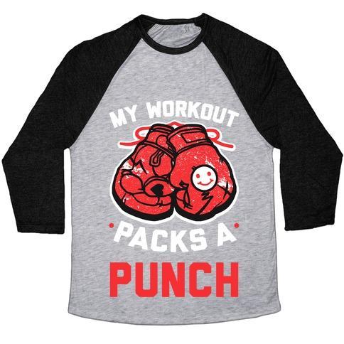 Virgin Teez  Baseball Tee Unisex Tri-Blend Baseball Tee / small / Athletic Gray / Black MY WORKOUT PACKS A PUNCH UNISEX TRI-BLEND BASEBALL TEE