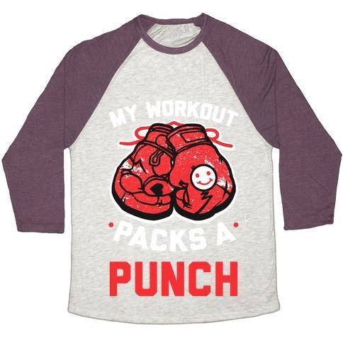 Virgin Teez  Baseball Tee Unisex Tri-Blend Baseball Tee / small / Oatmeal / Maroon MY WORKOUT PACKS A PUNCH UNISEX TRI-BLEND BASEBALL TEE