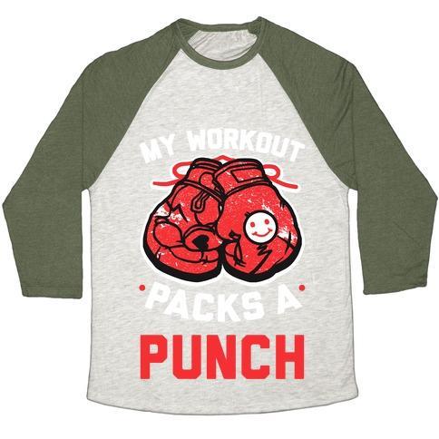 Virgin Teez  Baseball Tee Unisex Tri-Blend Baseball Tee / small / Oatmeal / Moss MY WORKOUT PACKS A PUNCH UNISEX TRI-BLEND BASEBALL TEE