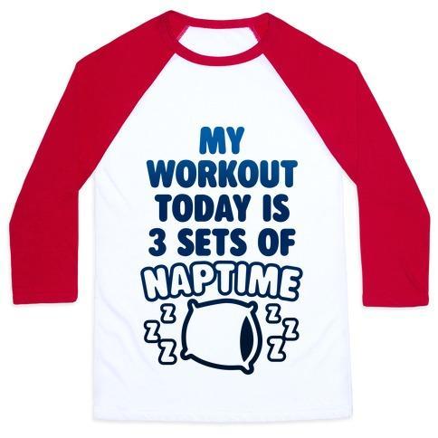 Virgin Teez  Baseball Tee Unisex Classic Baseball Tee / x-small / White/Red MY WORKOUT TODAY IS 3 SETS OF NAPTIME UNISEX CLASSIC BASEBALL TEE