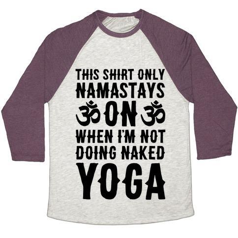 Virgin Teez  Baseball Tee Unisex Tri-Blend Baseball Tee / small / Oatmeal / Maroon NAKED YOGA UNISEX TRI-BLEND BASEBALL TEE