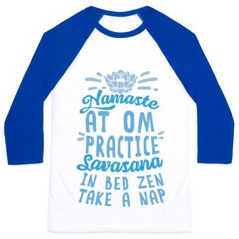 Virgin Teez  Baseball Tee Unisex Classic Baseball Tee / x-small / White/Blue NAMASTE AT OM PRACTICE SAVASANA IN BED ZEN TAKE A NAP UNISEX CLASSIC BASEBALL TEE