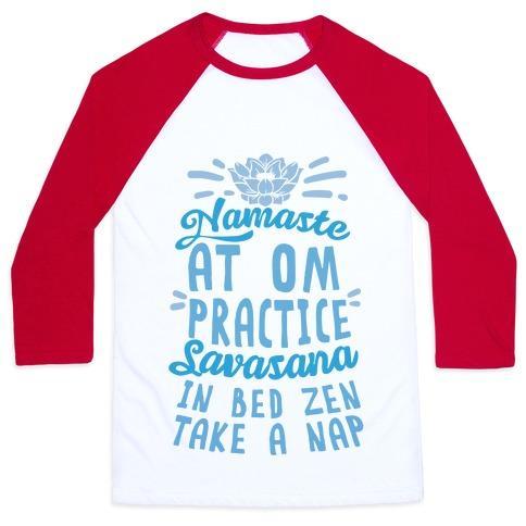 Virgin Teez  Baseball Tee Unisex Classic Baseball Tee / x-small / White/Red NAMASTE AT OM PRACTICE SAVASANA IN BED ZEN TAKE A NAP UNISEX CLASSIC BASEBALL TEE