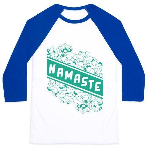 Virgin Teez  Baseball Tee Unisex Classic Baseball Tee / x-small / White/Blue NAMASTE BANNER UNISEX CLASSIC BASEBALL TEE