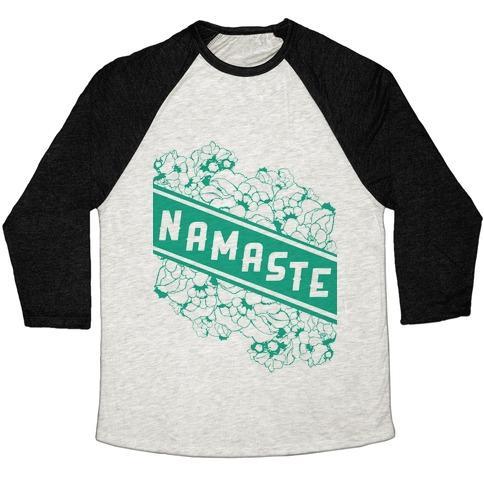 Virgin Teez  Baseball Tee Unisex Tri-Blend Baseball Tee / small / Oatmeal / Black NAMASTE BANNER UNISEX TRI-BLEND BASEBALL TEE