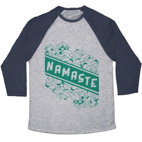 Virgin Teez  Baseball Tee Unisex Tri-Blend Baseball Tee / small / Athletic Gray / Navy NAMASTE BANNER UNISEX TRI-BLEND BASEBALL TEE