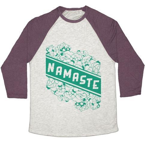Virgin Teez  Baseball Tee Unisex Tri-Blend Baseball Tee / small / Oatmeal / Maroon NAMASTE BANNER UNISEX TRI-BLEND BASEBALL TEE