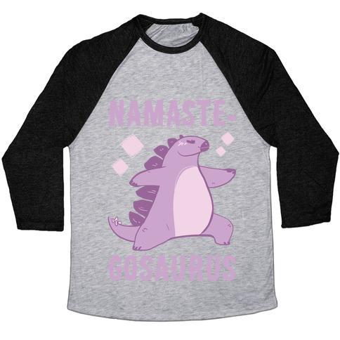 Virgin Teez  Baseball Tee Unisex Tri-Blend Baseball Tee / small / Athletic Gray / Black NAMASTE-GOSAURUS UNISEX TRI-BLEND BASEBALL TEE