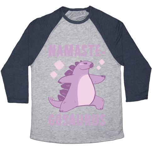 Virgin Teez  Baseball Tee Unisex Tri-Blend Baseball Tee / small / Athletic Gray / Navy NAMASTE-GOSAURUS UNISEX TRI-BLEND BASEBALL TEE