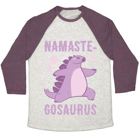 Virgin Teez  Baseball Tee Unisex Tri-Blend Baseball Tee / small / Oatmeal / Maroon NAMASTE-GOSAURUS UNISEX TRI-BLEND BASEBALL TEE
