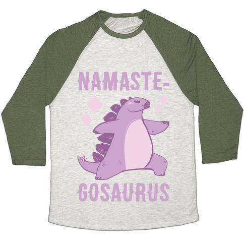 Virgin Teez  Baseball Tee Unisex Tri-Blend Baseball Tee / small / Oatmeal / Moss NAMASTE-GOSAURUS UNISEX TRI-BLEND BASEBALL TEE