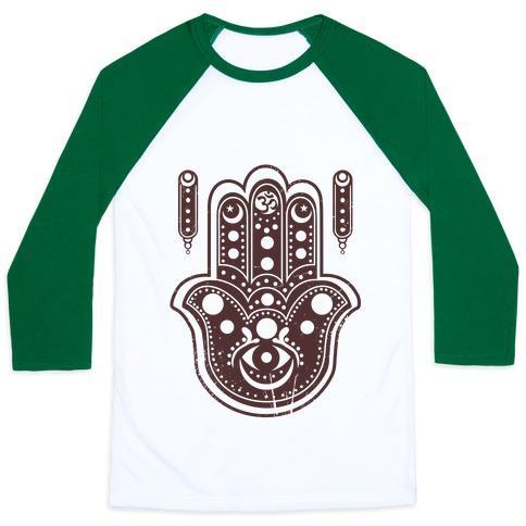 Virgin Teez  Baseball Tee Unisex Classic Baseball Tee / x-small / White/Dark Green NAMASTE HAMSA HAND UNISEX CLASSIC BASEBALL TEE