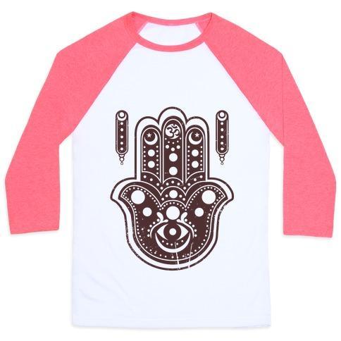 Virgin Teez  Baseball Tee Unisex Classic Baseball Tee / x-small / White/Neon Pink NAMASTE HAMSA HAND UNISEX CLASSIC BASEBALL TEE