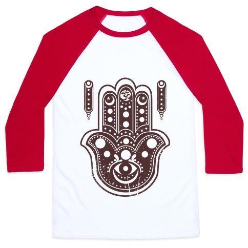 Virgin Teez  Baseball Tee Unisex Classic Baseball Tee / x-small / White/Red NAMASTE HAMSA HAND UNISEX CLASSIC BASEBALL TEE