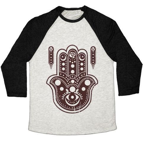 Virgin Teez  Baseball Tee Unisex Tri-Blend Baseball Tee / small / Oatmeal / Black NAMASTE HAMSA HAND UNISEX TRI-BLEND BASEBALL TEE