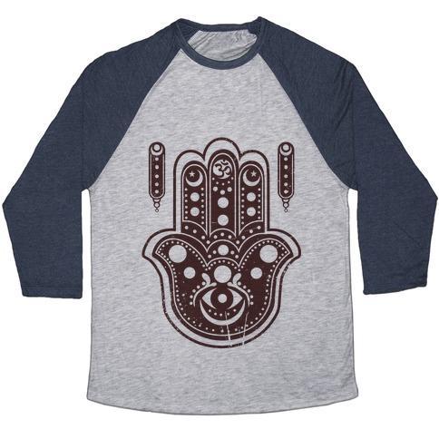 Virgin Teez  Baseball Tee Unisex Tri-Blend Baseball Tee / small / Athletic Gray / Navy NAMASTE HAMSA HAND UNISEX TRI-BLEND BASEBALL TEE