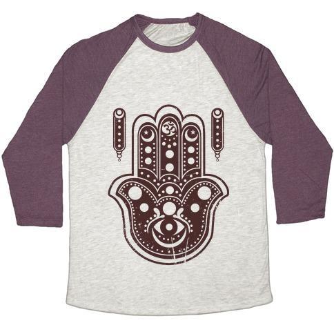 Virgin Teez  Baseball Tee Unisex Tri-Blend Baseball Tee / small / Oatmeal / Maroon NAMASTE HAMSA HAND UNISEX TRI-BLEND BASEBALL TEE