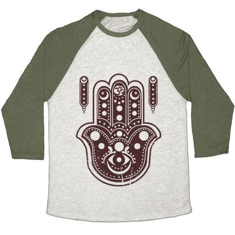 Virgin Teez  Baseball Tee Unisex Tri-Blend Baseball Tee / small / Oatmeal / Moss NAMASTE HAMSA HAND UNISEX TRI-BLEND BASEBALL TEE