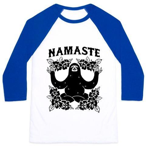 Virgin Teez  Baseball Tee Unisex Classic Baseball Tee / x-small / White/Blue NAMASTE SLOTH UNISEX CLASSIC BASEBALL TEE