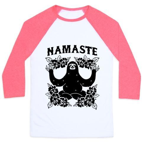 Virgin Teez  Baseball Tee Unisex Classic Baseball Tee / x-small / White/Neon Pink NAMASTE SLOTH UNISEX CLASSIC BASEBALL TEE