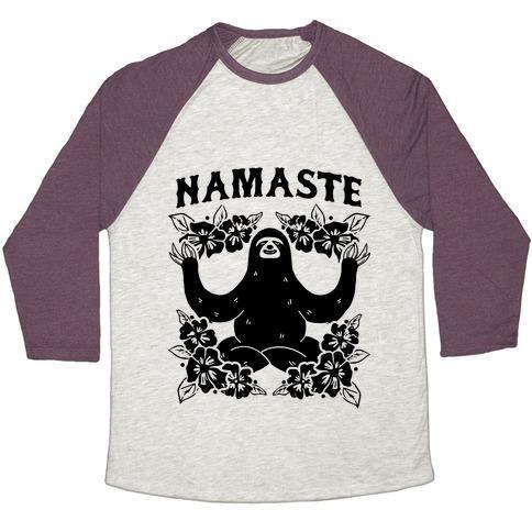Virgin Teez  Baseball Tee Unisex Tri-Blend Baseball Tee / small / Oatmeal / Maroon NAMASTE SLOTH UNISEX TRI-BLEND BASEBALL TEE