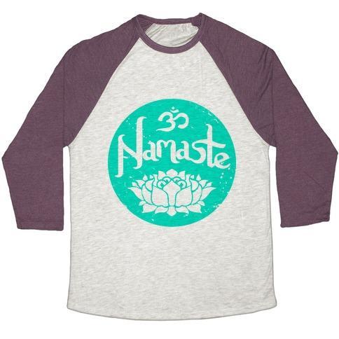 Virgin Teez  Baseball Tee Unisex Tri-Blend Baseball Tee / small / Oatmeal / Maroon NAMASTE UNISEX TRI-BLEND BASEBALL TEE