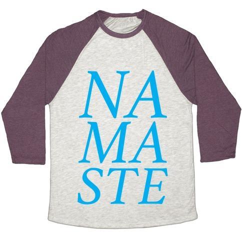 Virgin Teez  Baseball Tee Unisex Tri-Blend Baseball Tee / small / Oatmeal / Maroon NAMASTE UNISEX TRI-BLEND BASEBALL TEE