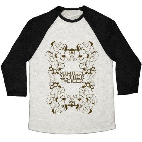 Virgin Teez  Baseball Tee Unisex Tri-Blend Baseball Tee / small / Oatmeal / Black NAMASTE UNISEX TRI-BLEND BASEBALL TEE