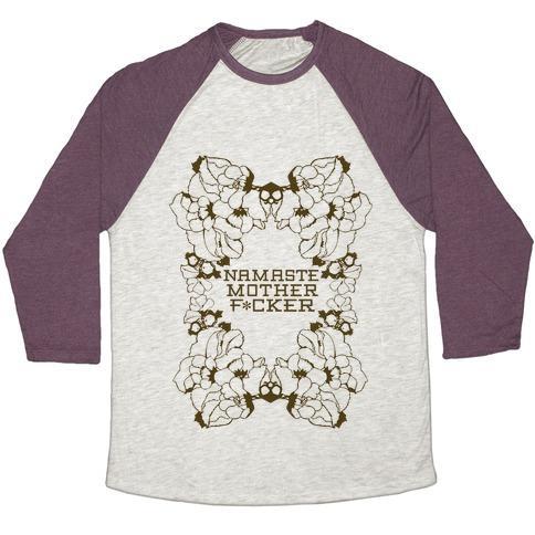 Virgin Teez  Baseball Tee Unisex Tri-Blend Baseball Tee / small / Oatmeal / Maroon NAMASTE UNISEX TRI-BLEND BASEBALL TEE