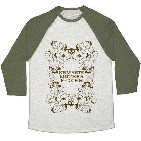Virgin Teez  Baseball Tee Unisex Tri-Blend Baseball Tee / small / Oatmeal / Moss NAMASTE UNISEX TRI-BLEND BASEBALL TEE