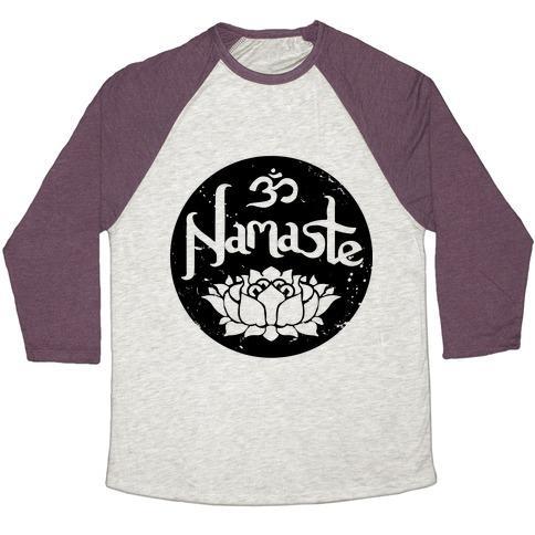 Virgin Teez  Baseball Tee Unisex Tri-Blend Baseball Tee / small / Oatmeal / Maroon NAMASTE UNISEX TRI-BLEND BASEBALL TEE