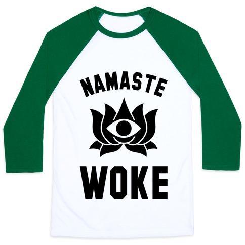 Virgin Teez  Baseball Tee Unisex Classic Baseball Tee / x-small / White/Dark Green NAMASTE WOKE UNISEX CLASSIC BASEBALL TEE