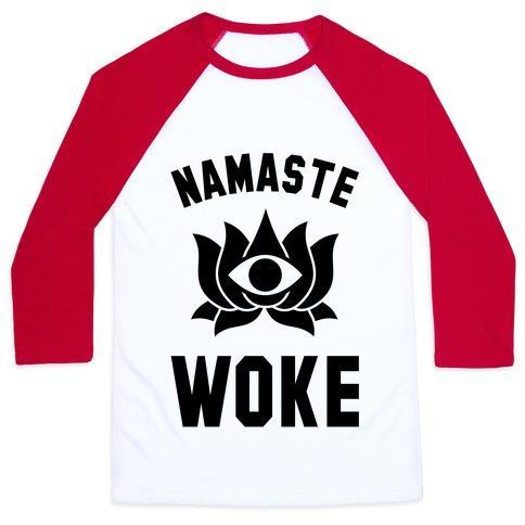Virgin Teez  Baseball Tee Unisex Classic Baseball Tee / x-small / White/Red NAMASTE WOKE UNISEX CLASSIC BASEBALL TEE