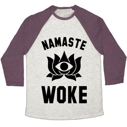 Virgin Teez  Baseball Tee Unisex Tri-Blend Baseball Tee / small / Oatmeal / Maroon NAMASTE WOKE UNISEX TRI-BLEND BASEBALL TEE