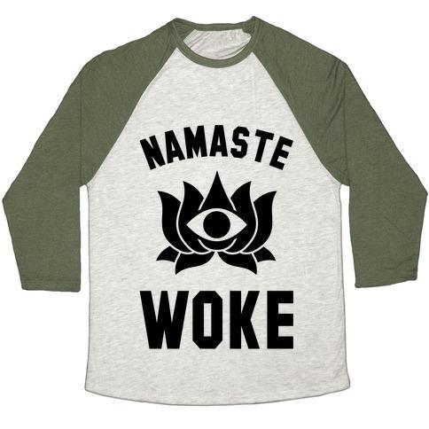 Virgin Teez  Baseball Tee Unisex Tri-Blend Baseball Tee / small / Oatmeal / Moss NAMASTE WOKE UNISEX TRI-BLEND BASEBALL TEE