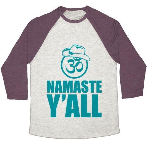 Virgin Teez  Baseball Tee Unisex Tri-Blend Baseball Tee / small / Oatmeal / Maroon NAMASTE Y'ALL (TANK) UNISEX TRI-BLEND BASEBALL TEE