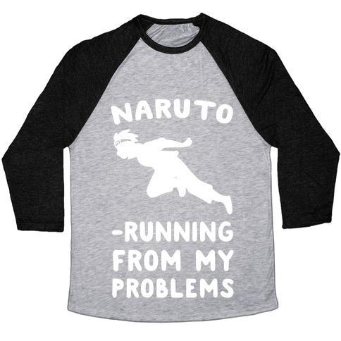 Virgin Teez  Baseball Tee Unisex Tri-Blend Baseball Tee / small / Athletic Gray / Black NARUTO-RUNNING FROM MY PROBLEMS UNISEX TRI-BLEND BASEBALL TEE