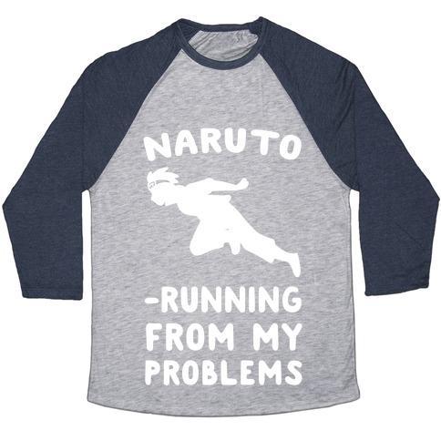Virgin Teez  Baseball Tee Unisex Tri-Blend Baseball Tee / small / Athletic Gray / Navy NARUTO-RUNNING FROM MY PROBLEMS UNISEX TRI-BLEND BASEBALL TEE