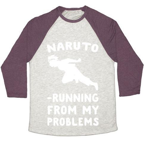 Virgin Teez  Baseball Tee Unisex Tri-Blend Baseball Tee / small / Oatmeal / Maroon NARUTO-RUNNING FROM MY PROBLEMS UNISEX TRI-BLEND BASEBALL TEE