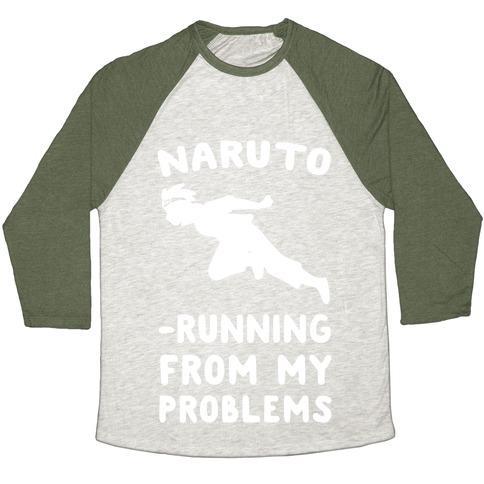 Virgin Teez  Baseball Tee Unisex Tri-Blend Baseball Tee / small / Oatmeal / Moss NARUTO-RUNNING FROM MY PROBLEMS UNISEX TRI-BLEND BASEBALL TEE