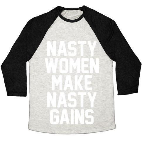 Virgin Teez  Baseball Tee Unisex Tri-Blend Baseball Tee / small / Oatmeal / Black NASTY WOMEN MAKES NASTY GAINS UNISEX TRI-BLEND BASEBALL TEE