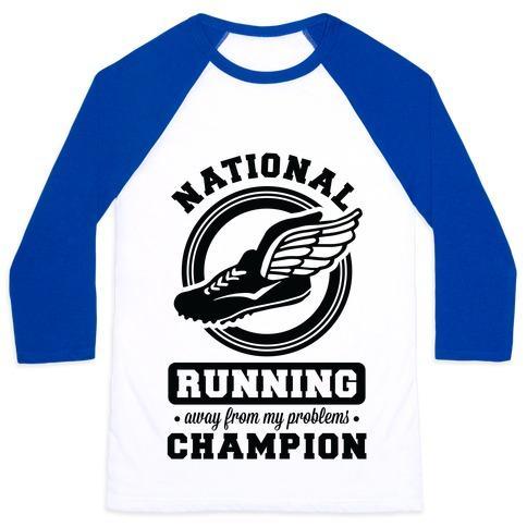 Virgin Teez  Baseball Tee Unisex Classic Baseball Tee / x-small / White/Blue NATIONAL RUNNING AWAY FROM MY PROBLEMS CHAMPION UNISEX CLASSIC BASEBALL TEE
