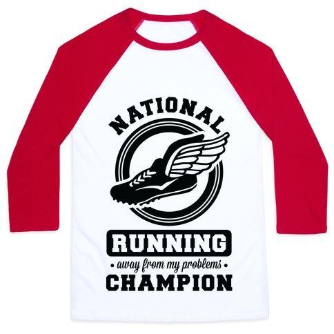 Virgin Teez  Baseball Tee Unisex Classic Baseball Tee / x-small / White/Red NATIONAL RUNNING AWAY FROM MY PROBLEMS CHAMPION UNISEX CLASSIC BASEBALL TEE