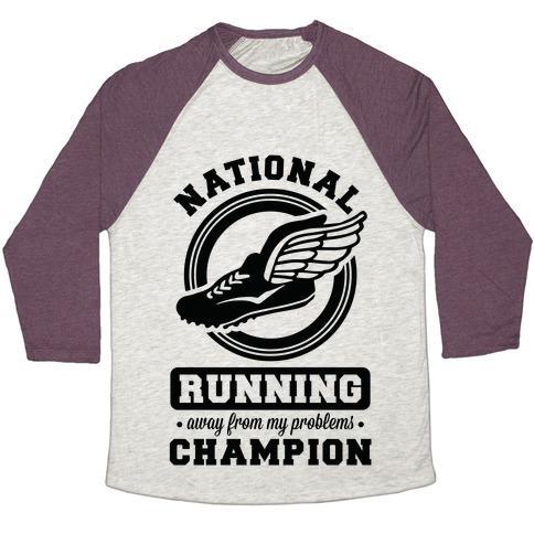 Virgin Teez  Baseball Tee Unisex Tri-Blend Baseball Tee / small / Oatmeal / Maroon NATIONAL RUNNING AWAY FROM MY PROBLEMS CHAMPION UNISEX TRI-BLEND BASEBALL TEE
